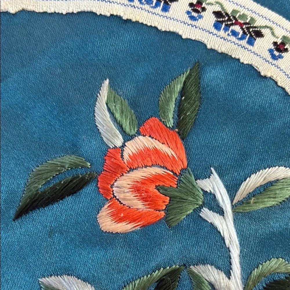 Vintage Chinese Silk Placemat with Floral Bird Embroidered Center - Brocade